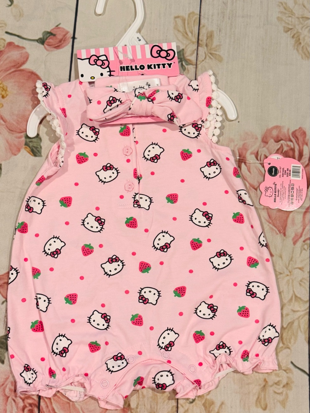 Hello Kitty Pink Strawberry Print Baby Girls Romper with Headband